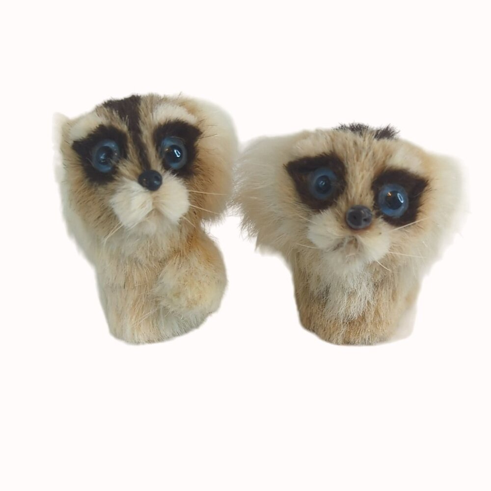 Vintage Faux Fur Raccoon Figurines With Big Blue Eyes - Set Of 2, 2 Inches Tall